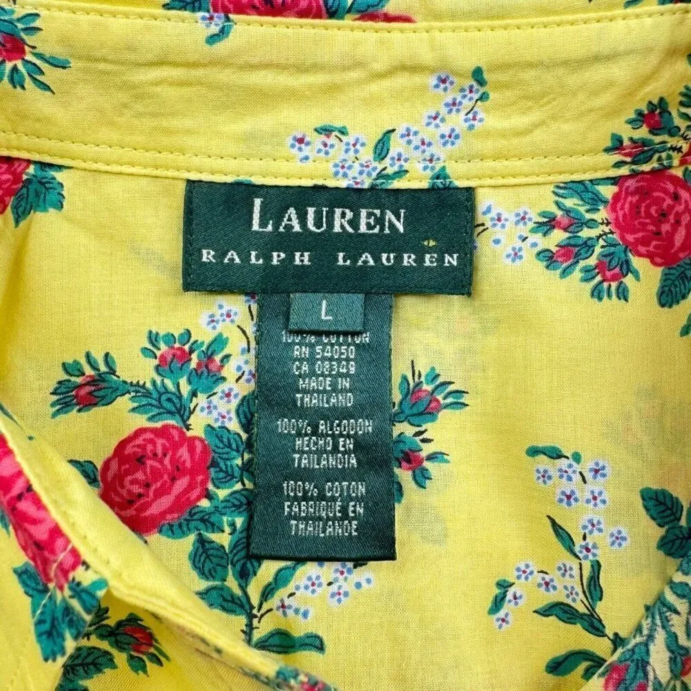 Lauren Ralph Lauren Yellow Red Rose Tie Front Crop Shirt Vintage NEW
